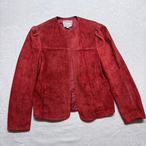 Objectives Red Suede Leather Blazer Jacket Women's Medium Collarless Puff Sleeve
